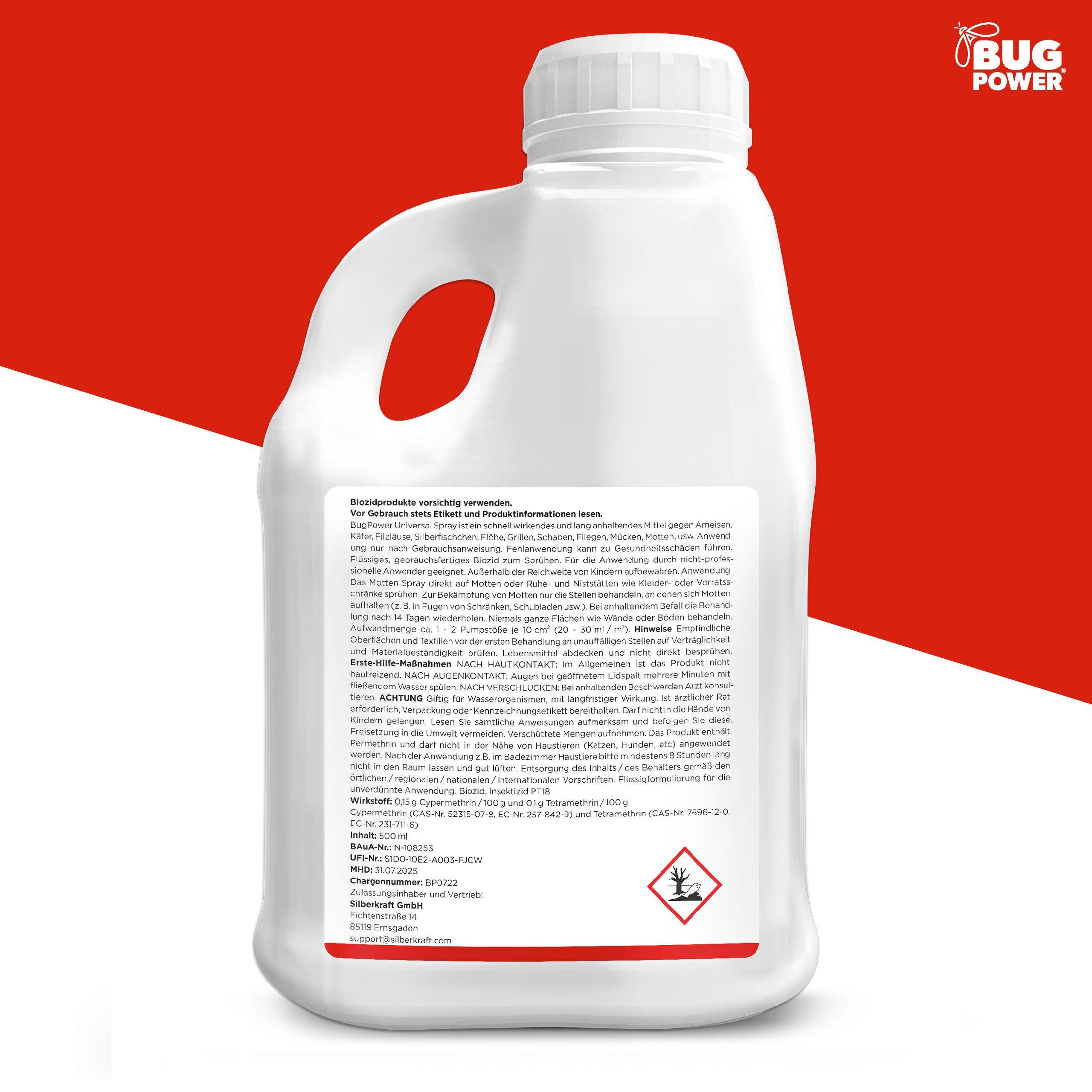 Rückseite einer weißen Flasche. Text: Produktinformationen, Warnhinweise, Inhaltsstoffe, Herstellerangaben, Gefahrensymbol.