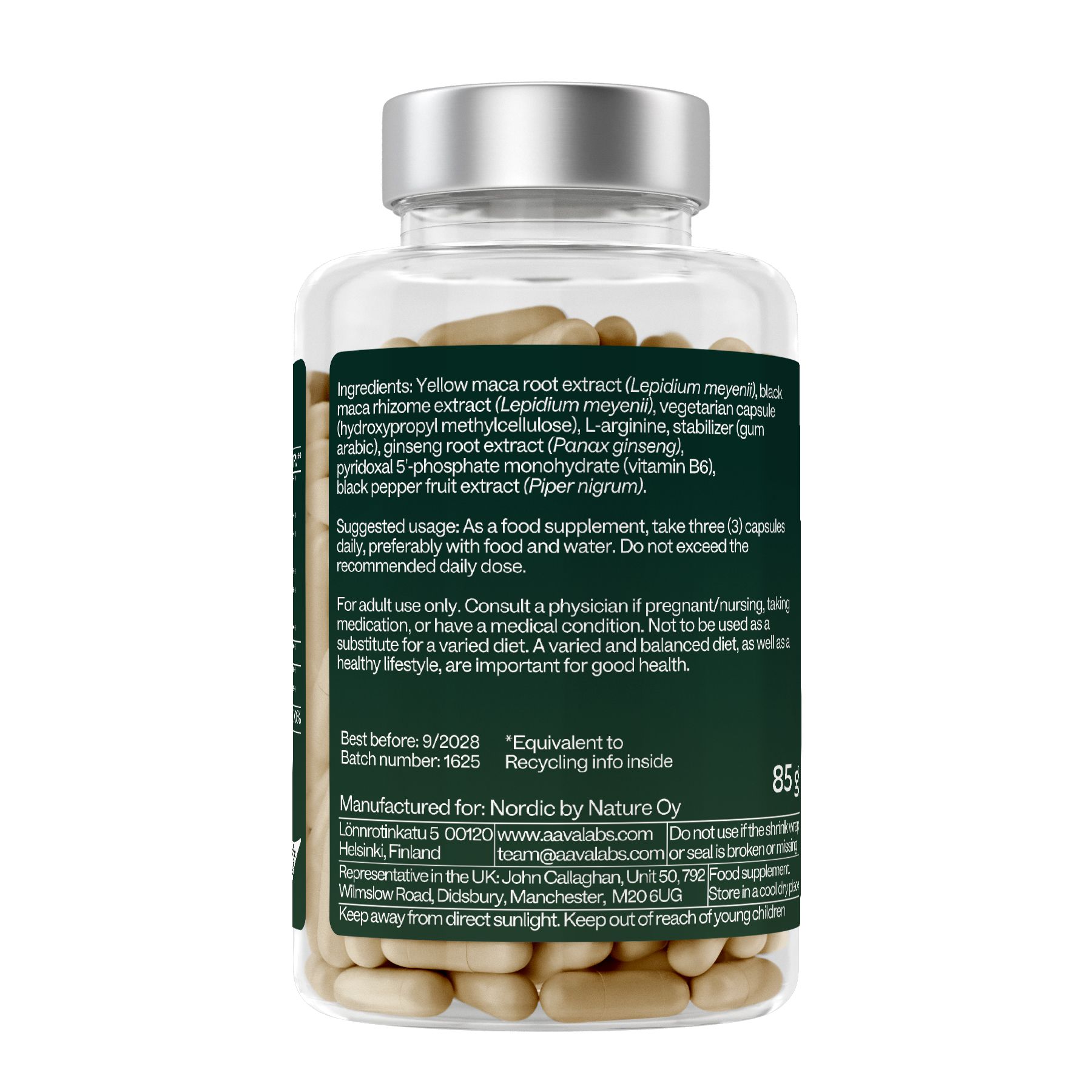 Rückseite der Flasche mit Kapseln. Grünes Etikett mit Text. Zutaten, Anwendungshinweise, Nährwertangaben.