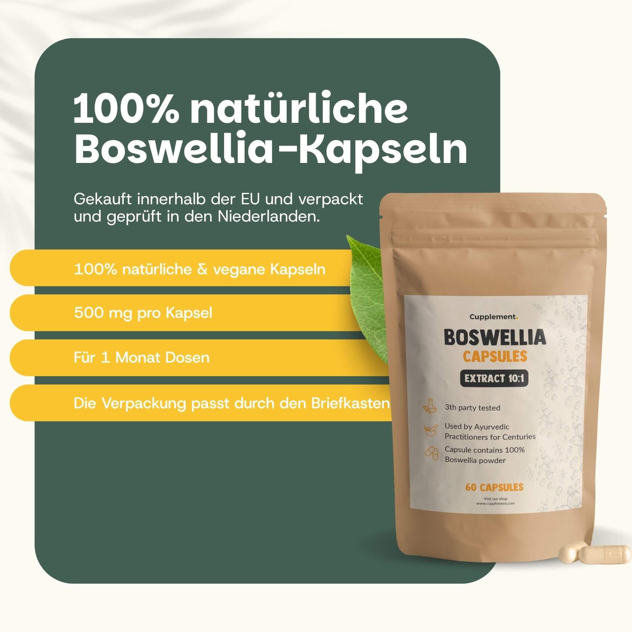 Braune Tüte mit Boswellia-Kapseln. Text: 100% natürliche Boswellia-Kapseln. 500 mg pro Kapsel. 60 Kapseln.