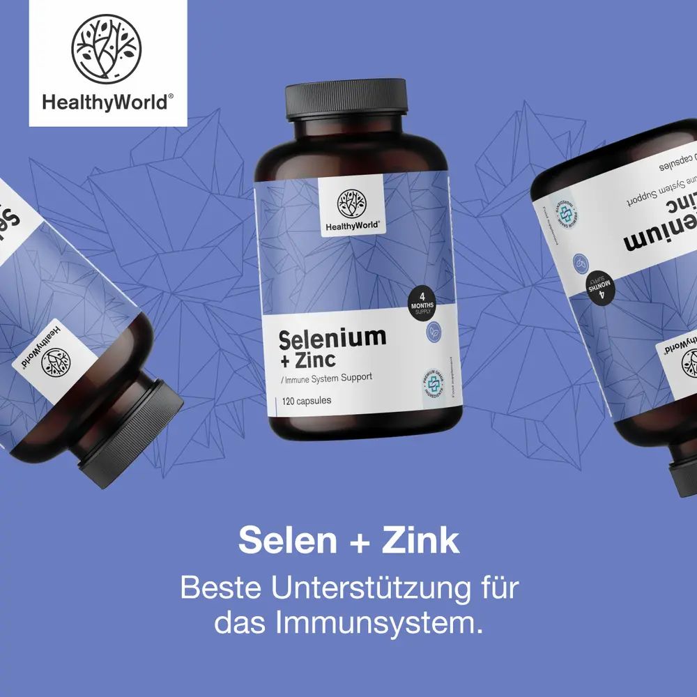 Mehrere Flaschen: Selenium + Zink, 120 Kapseln. Text: Beste Unterstützung für das Immunsystem.