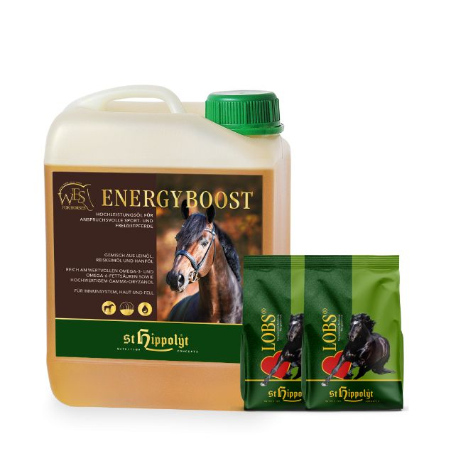 St. Hippolyt Energy Boost Öl in Kanne und zwei Lobs Belohnungswürfel-Tüten.