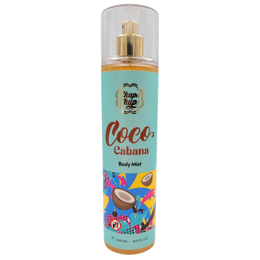 Körpernebel-Flasche, Chupa Chups Coco Cabana. Türkis-farbenes Etikett, goldener Sprühkopf, transparente Kappe. 236 ml.