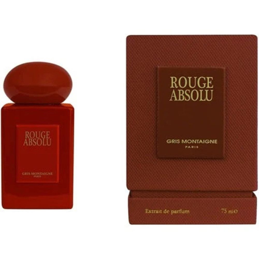 Roter Flakon und Verpackung. Aufschrift: Rouge Absolu, Gris Montaigne Paris, Extrait de parfum.