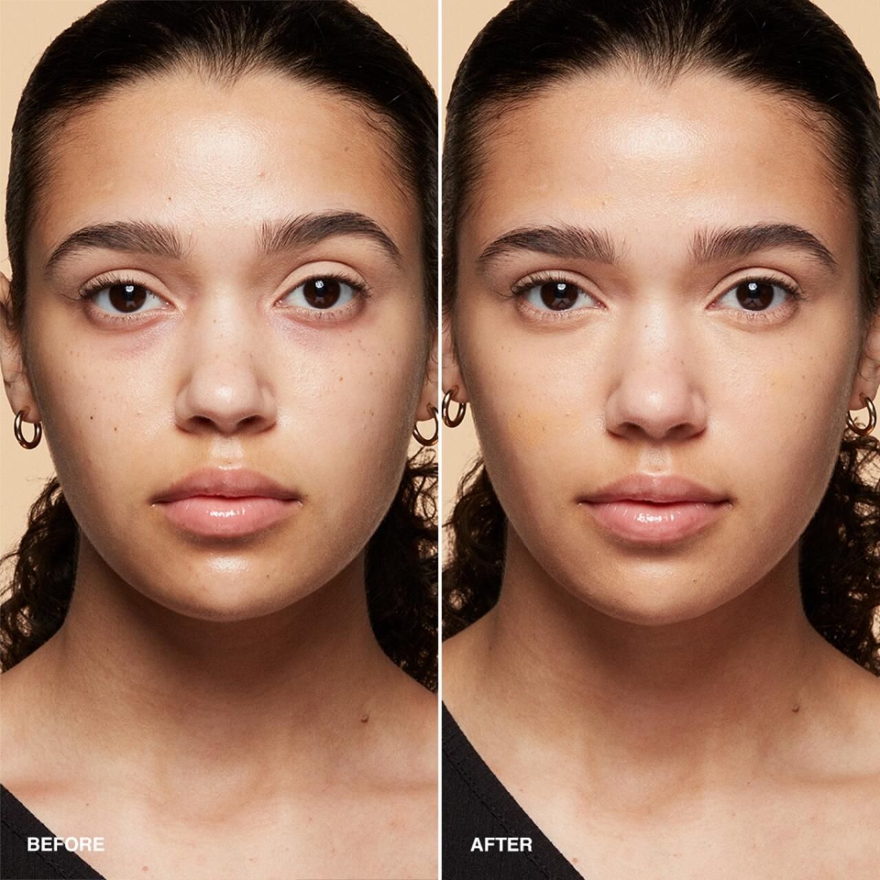 Vorher-Nachher-Vergleich. Zwei Gesichter. Links: Haut mit Unreinheiten. Rechts: Haut mit Concealer, ebenmäßiger.
