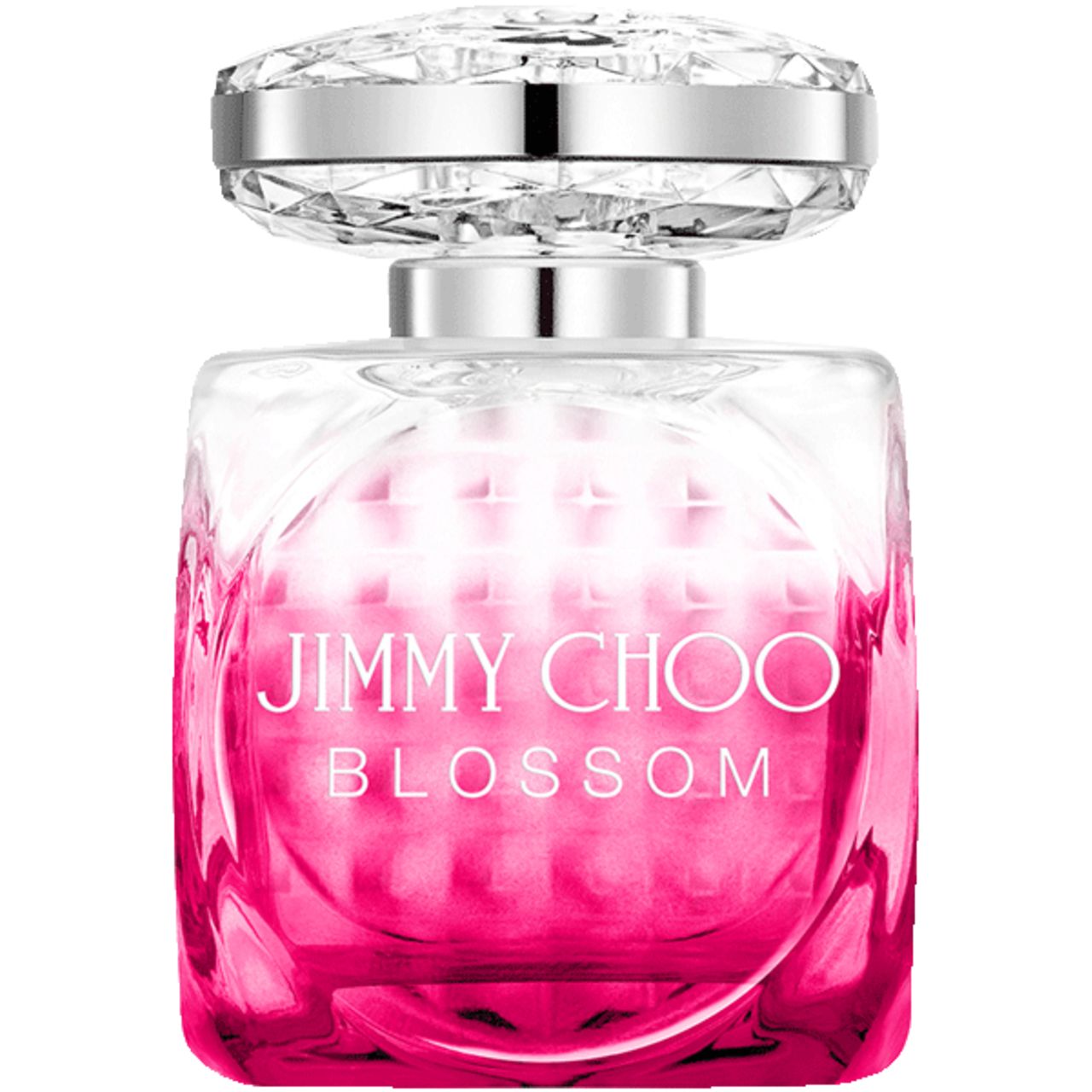 Rosa Flakon mit silbernem Deckel. Aufschrift: JIMMY CHOO BLOSSOM. Flakon mit quadratischer Form und Kristall-Deckel.