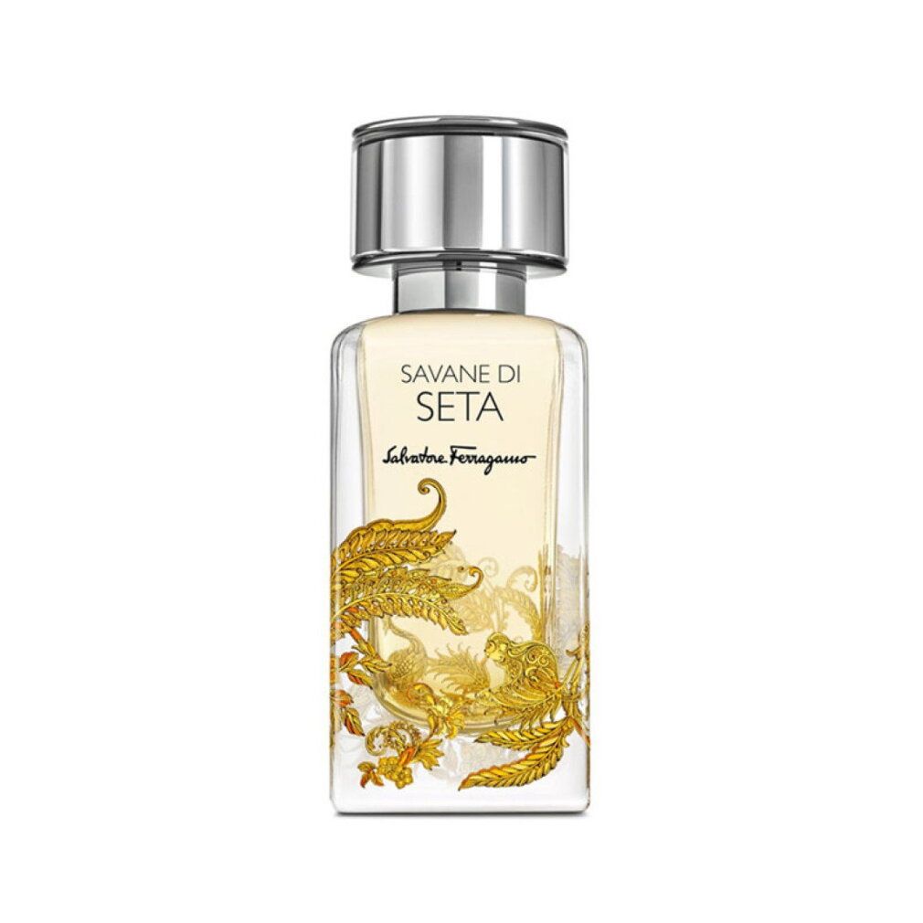 Salvatore Ferragamo Savane di Seta Eau de Parfum Flakon mit silbernem Verschluss und goldenen Verzierungen.