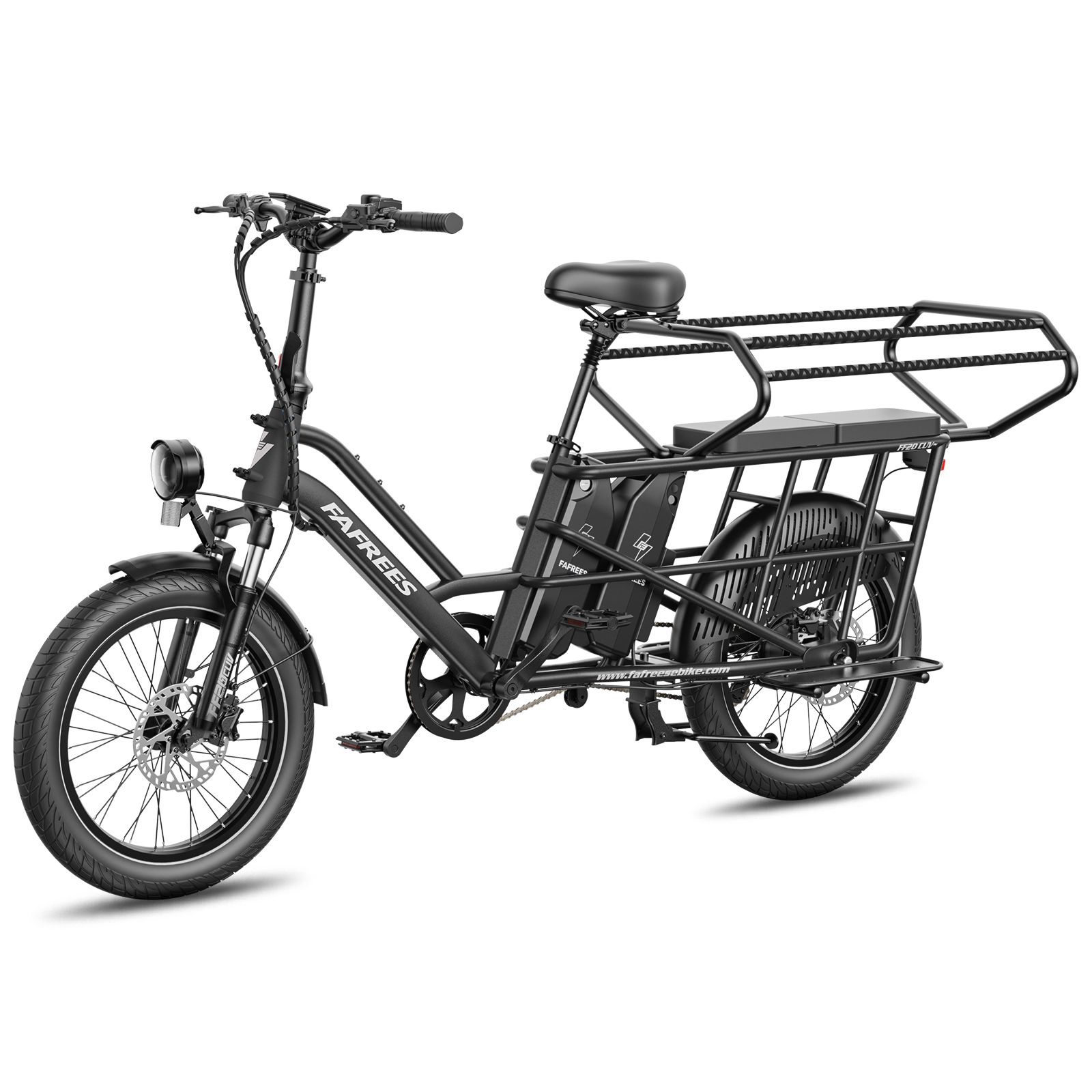 Schwarzes Fafrees FF20 CUV Elektrofahrrad mit zwei Akkus und großem Gepäckträger hinten.