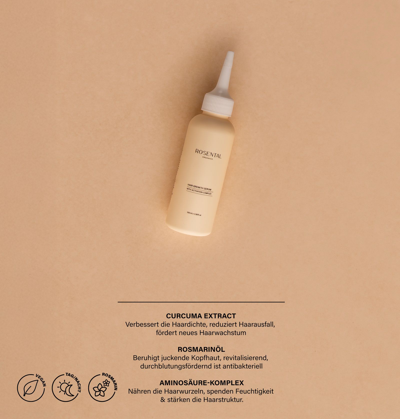 Beige Flasche mit weißem Applikator. Text: Rosental Organics, Hair Growth Serum. Zusätzliche Textinformationen.