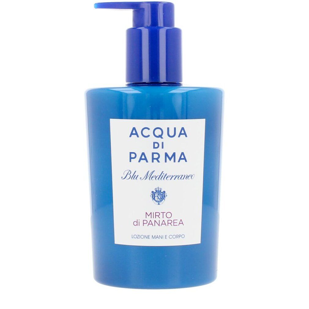 Blaue Flasche mit Pumpverschluss. Aufkleber mit Text: Acqua Di Parma, Mirto di Panarea, Blu Mediterraneo. Für Hände und Körper.