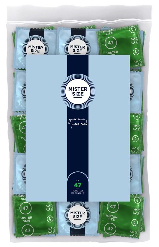 Rückseite einer Packung Mister Size 47 Kondome mit CE-Kennzeichnung und Produktinfos.