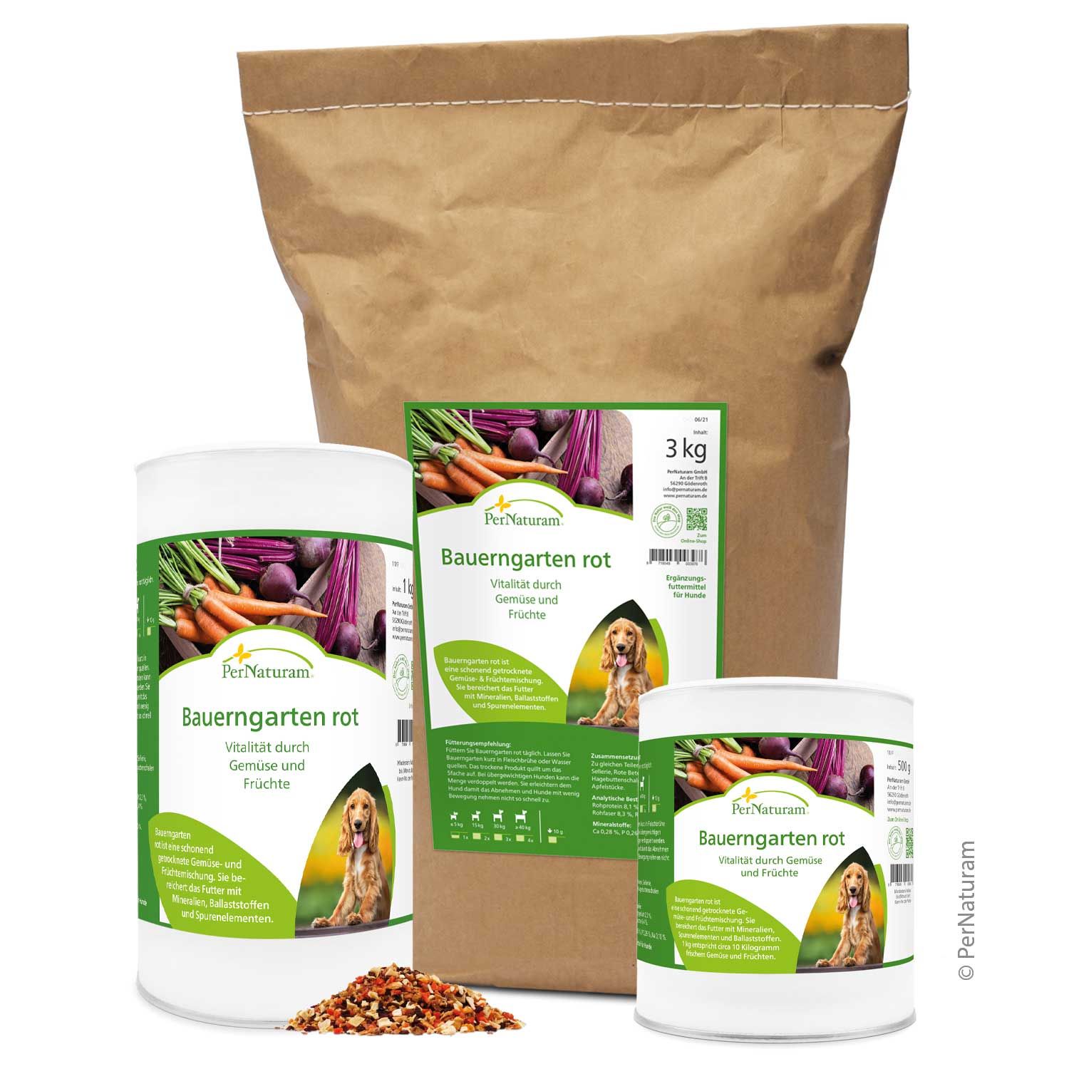 Verschiedene Behälter mit Bauerngarten rot. Aufschrift: PerNaturam. Gemüse und Früchte. Braune Papiertüte mit 3kg Aufdruck.