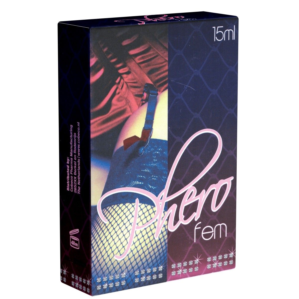 Pherofem-Verpackung. Rechteckige Verpackung mit Produktnamen, 15ml-Angabe und Hintergrund mit Strumpfband. Herstellerinformationen.