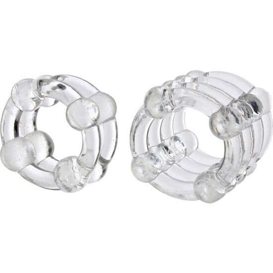 Zwei transparente Enhancer Rings mit Noppen. Ringförmig, aus klarem Material.