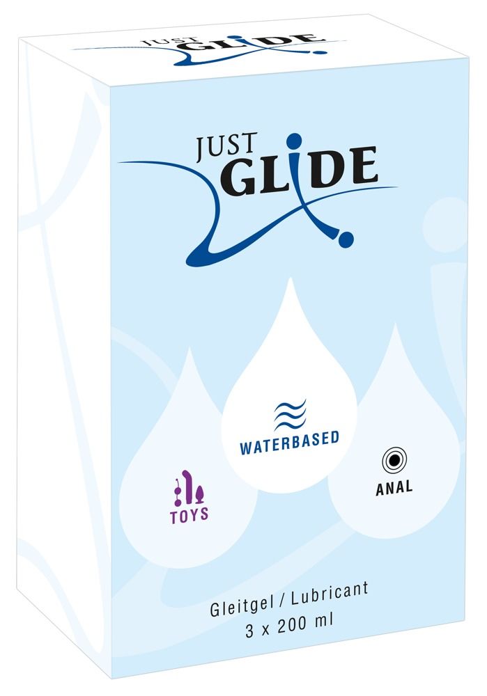 Karton JUST GLIDE med.Gleitgel. 3 x 200 ml. Wasserbasiert, für Toys und Anal. Blaue und weiße Verpackung.