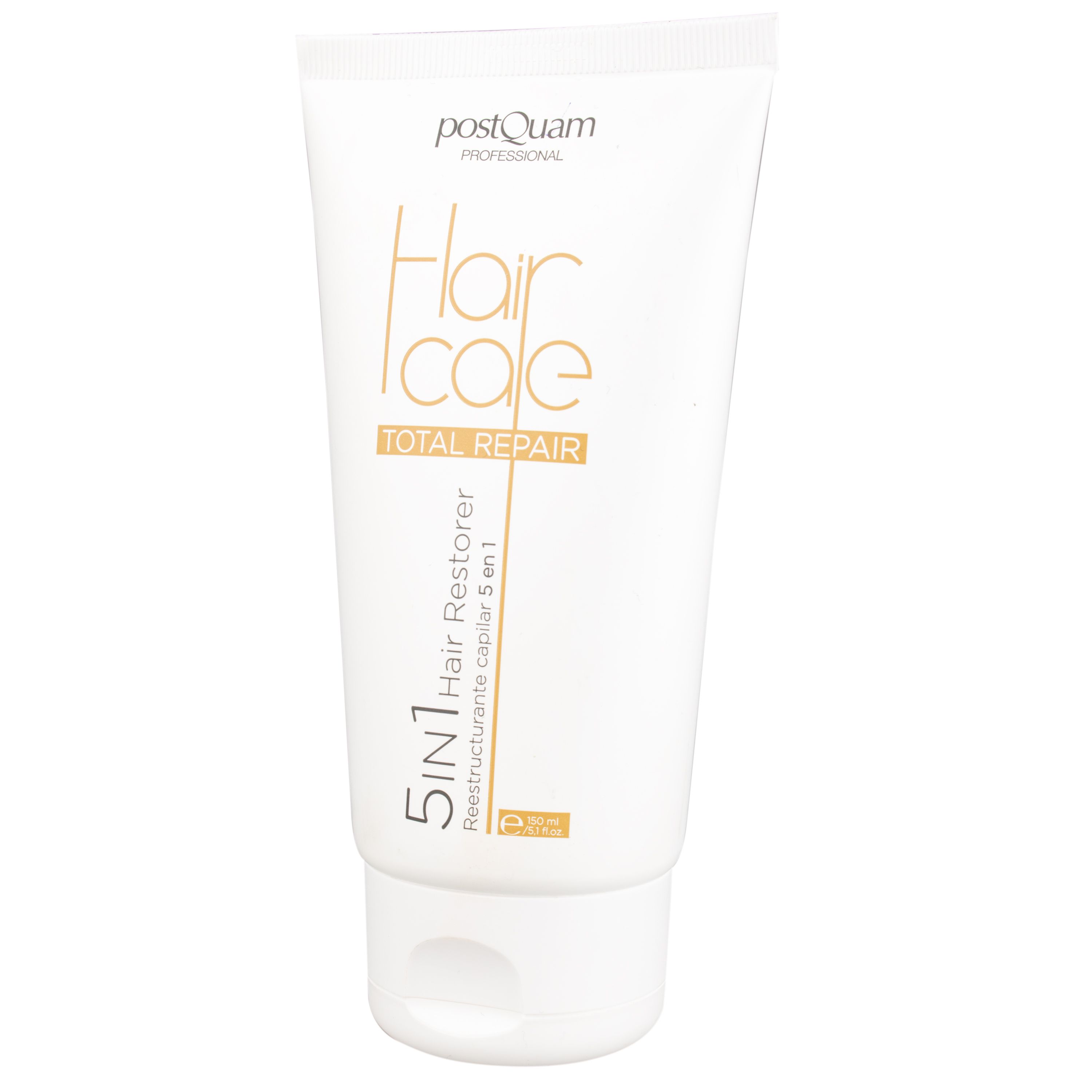 Weiße Tube mit goldfarbenem Aufdruck. Text: Hair Care Total Repair, 5 in 1 Hair Restorer. Marke: Postquam.
