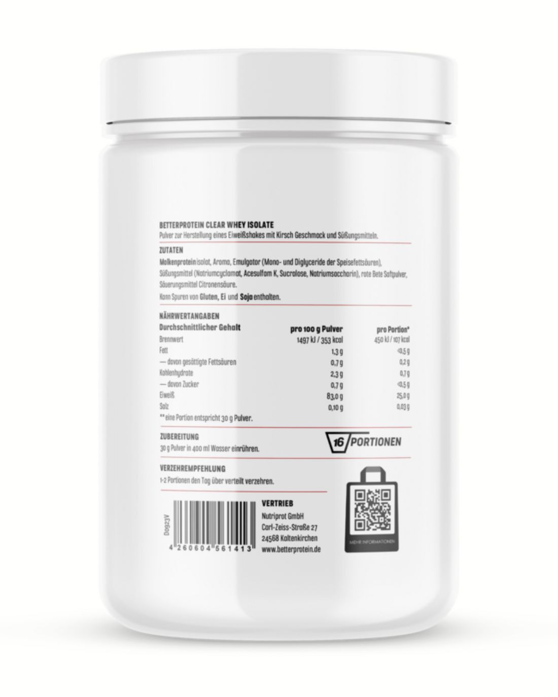 Weißer Proteinpulver-Behälter mit Text. Zutaten, Nährwertangaben, Zubereitung, Verzehrempfehlung, Vertrieb. QR-Code.