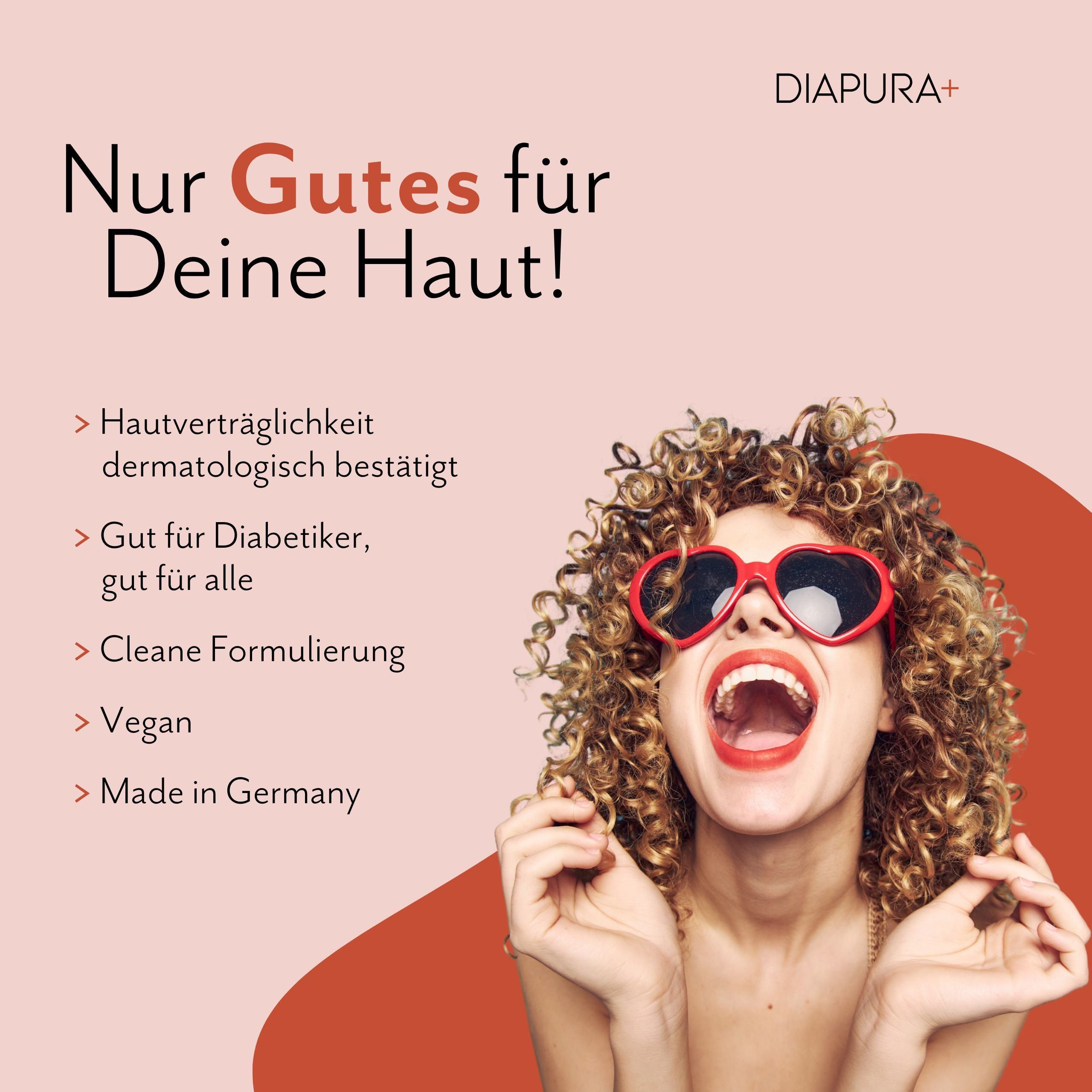Frau mit roten Herzbrillen lacht. Text: Nur Gutes für Deine Haut! Hautverträglichkeit dermatologisch bestätigt, gut für Diabetiker, vegan.