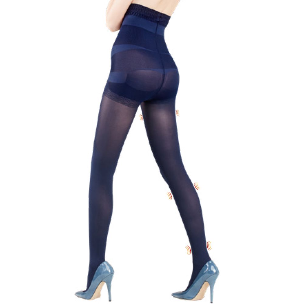 Opaque Strumpfhose mit hohem Bund. Blaue Farbe. Seitliche Ansicht einer Person, die sie trägt.
