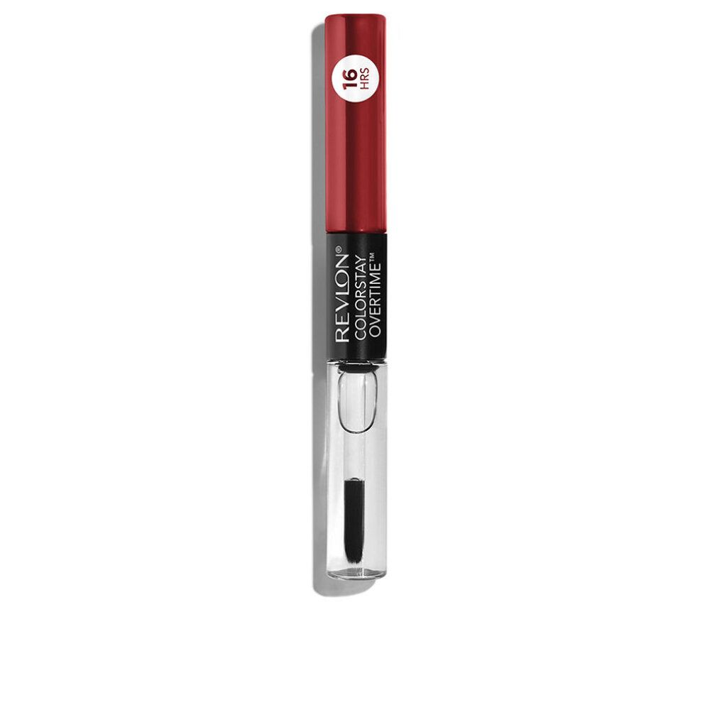 Revlon Colorstay Overtime Lipcolor. Roter Lippenstift mit separater Kappe. Produktname und Marke sichtbar. Mit Aufschrift '16 hrs'.