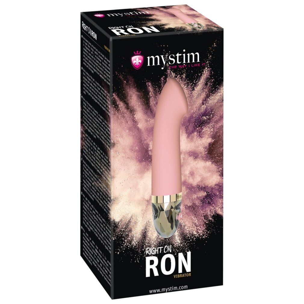 Verpackung für Mystim Right on Ron Vibrator. Schwarzer Hintergrund. Produktabbildung.