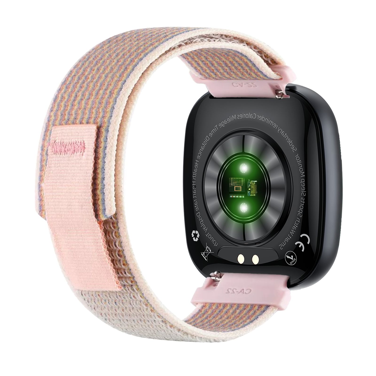 Smartwatch mit rosa Armband. Rückseite mit Sensoren und CE-Zeichen. Grün leuchtender Sensor.