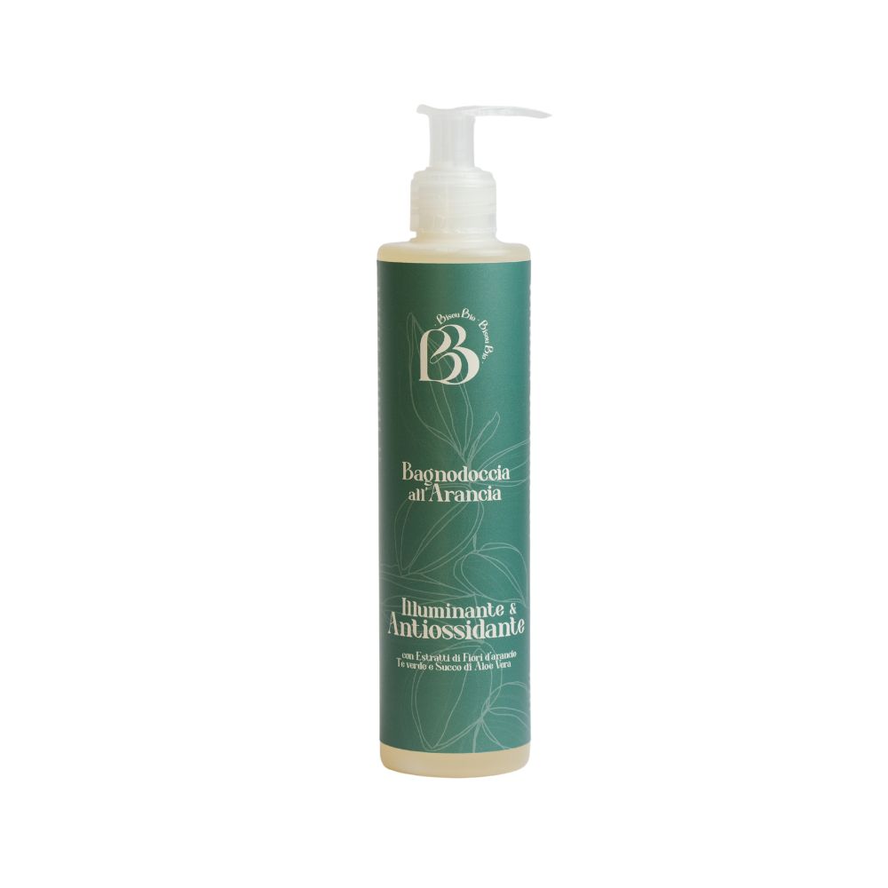 Flacone verde con dosatore. Scritta: Bagnodoccia all'Arancia, Illuminante & Antiossidante. Logo: B.
