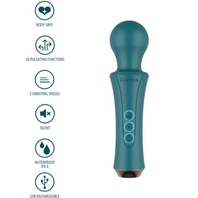 Türkisfarbener Xocoon-Zauberstab mit Icons: Herz, 10 Funktionen, 3 Geschwindigkeiten, lautlos, wasserdicht, USB. Logo sichtbar.