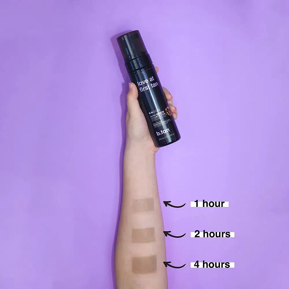 Arm mit Selbstbräunungsmousse und Farbbeispielen. Text: 1 hour, 2 hours, 4 hours. Produkt: Love at first tan, b.tan.
