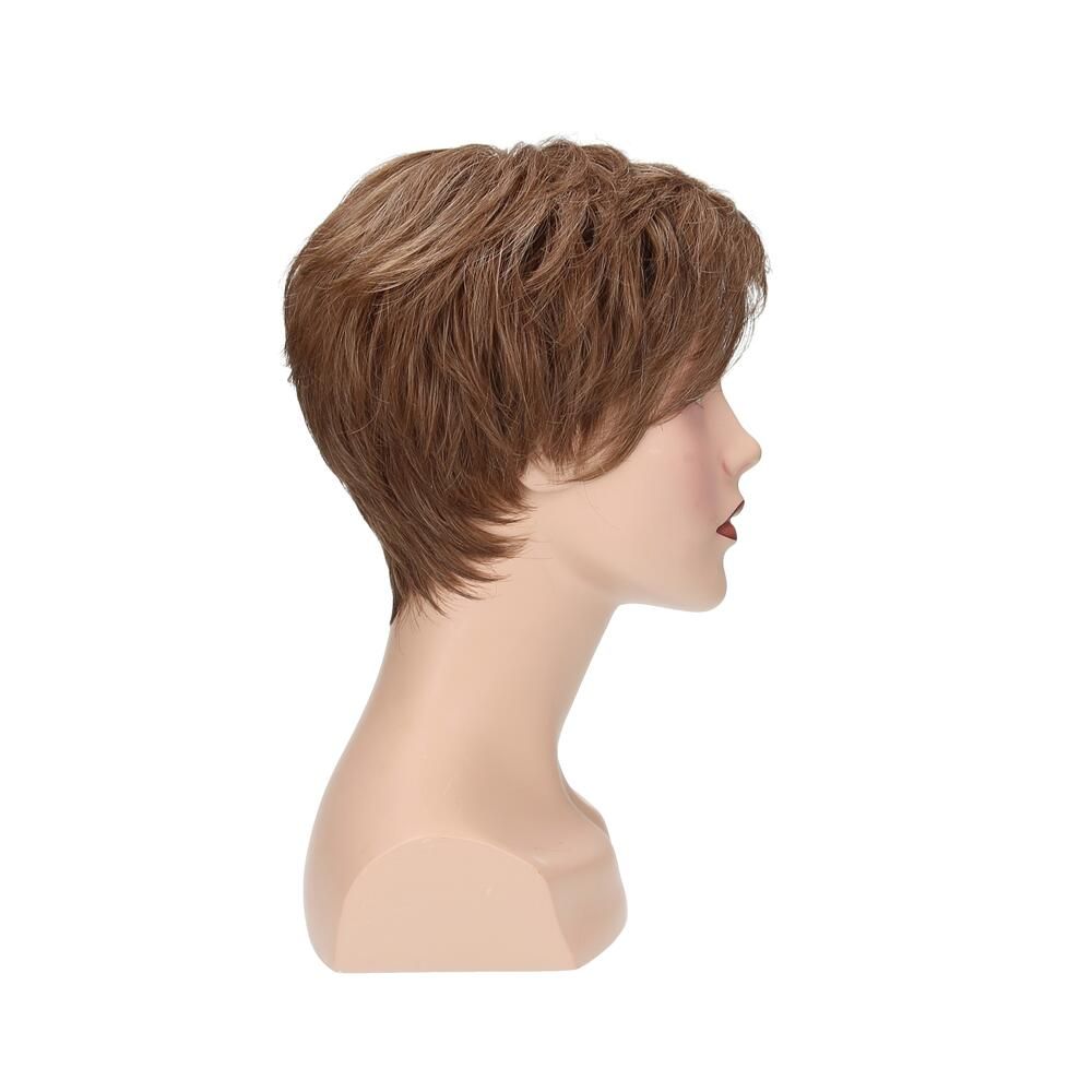 Perücke Magnolie von Lofty. Kurze, braune Kunsthaarperücke auf einem Schaufensterkopf. Seitenansicht.