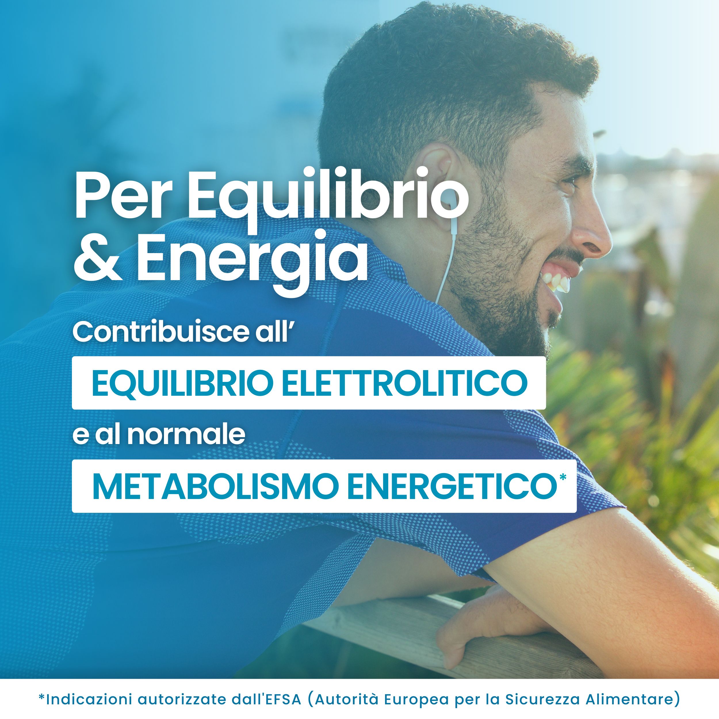 Uomo con testo: Per Equilibrio & Energia. Contribuisce all'EQUILIBRIO ELETTROLITICO e al METABOLISMO ENERGETICO.