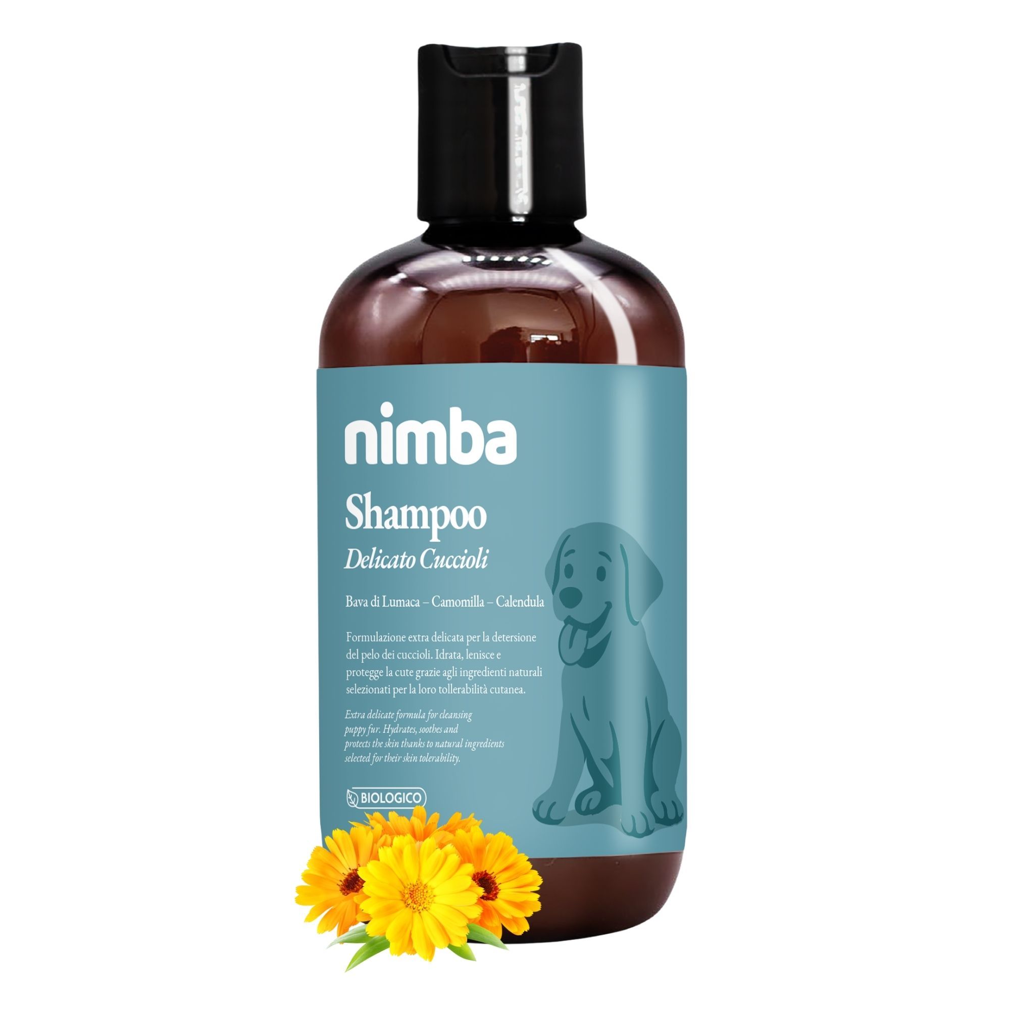 Braune Shampoo-Flasche mit blauem Etikett. Aufschrift: Nimba Shampoo, Delicato Cuccioli. Abbildung eines Hundes. Bio-Siegel.
