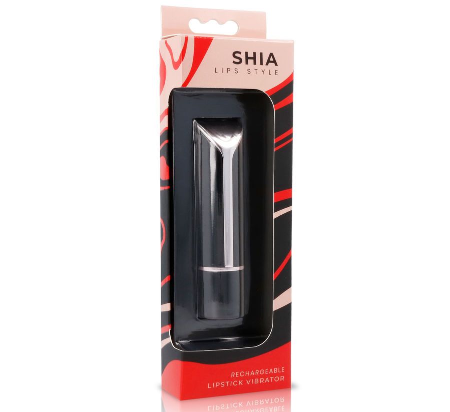 Schwarzer Lippenstift-Vibrator in Verpackung. Marke: Shia Lips Style. Text: Rechargeable Lipstick Vibrator.