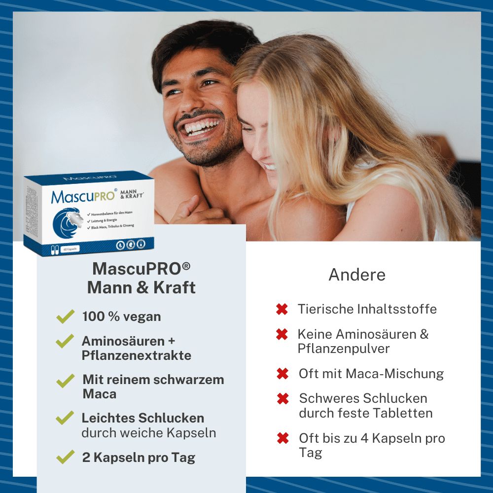 Paar lacht. MascuPRO®-Packung. Text: 100% vegan, Aminosäuren, Pflanzenextrakte, schwarzes Maca. Vorteile: leichtes Schlucken, 2 Kapseln pro Tag.