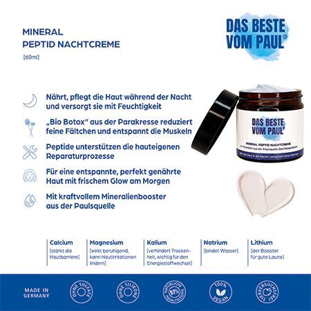Produktabbildung mit Dose, Deckel und Creme. Text: Mineral Peptid Nachtcreme. Inhaltsstoffe und Logo.
