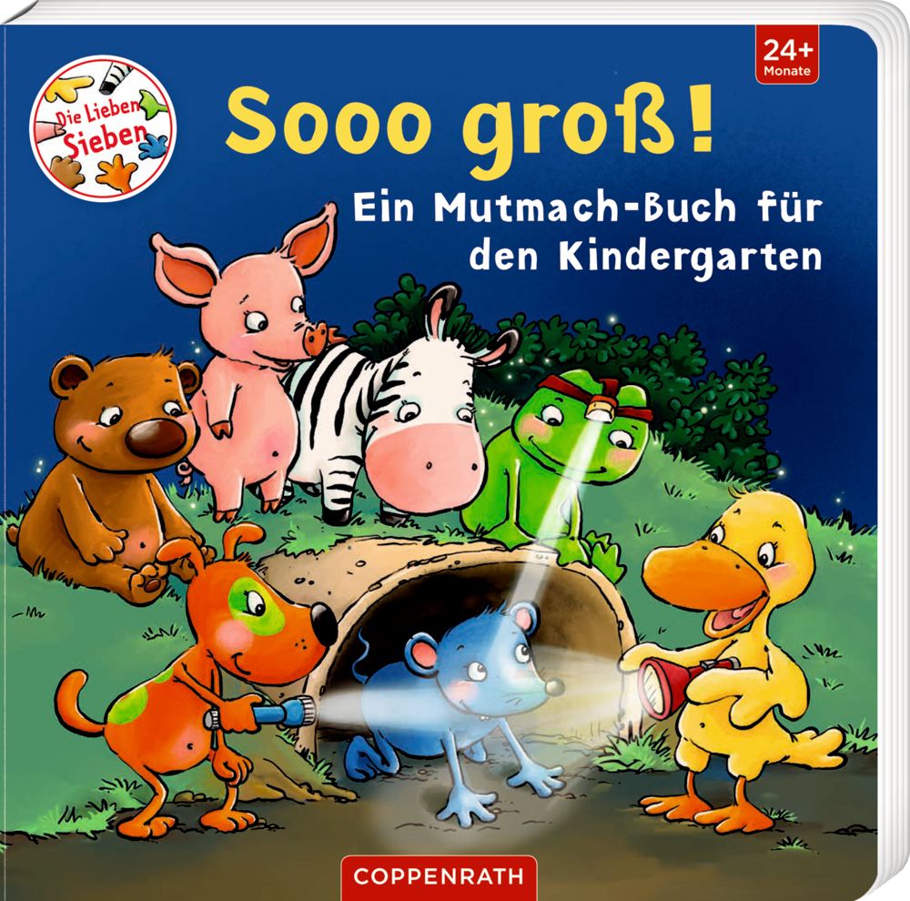 Buchcover mit Illustrationen von Tieren. Titel: Sooo groß! Untertitel: Ein Mutmach-Buch für den Kindergarten. Altersempfehlung: 24+ Monate.