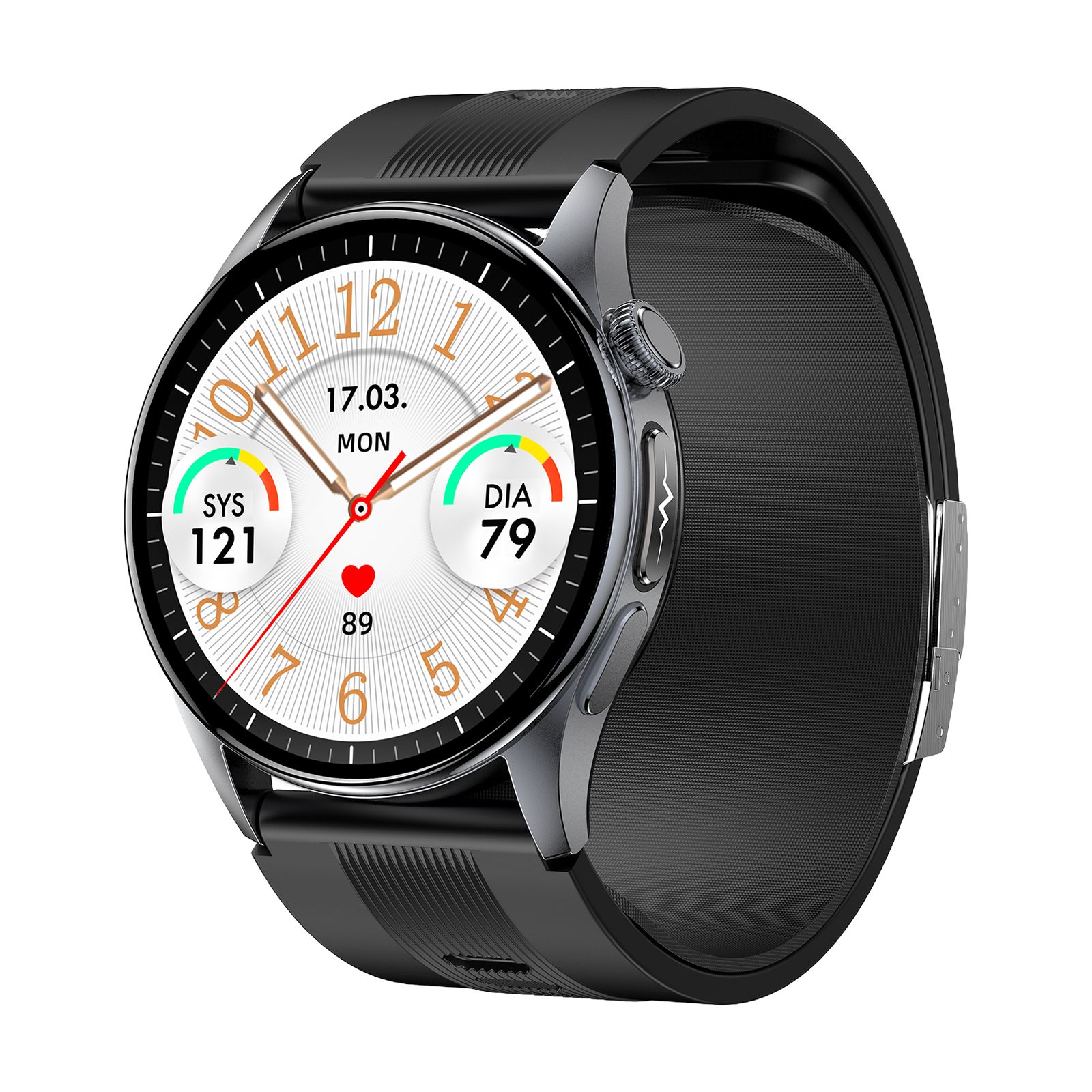 Smartwatch mit schwarzem Armband, zeigt Blutdruck und Datum an.