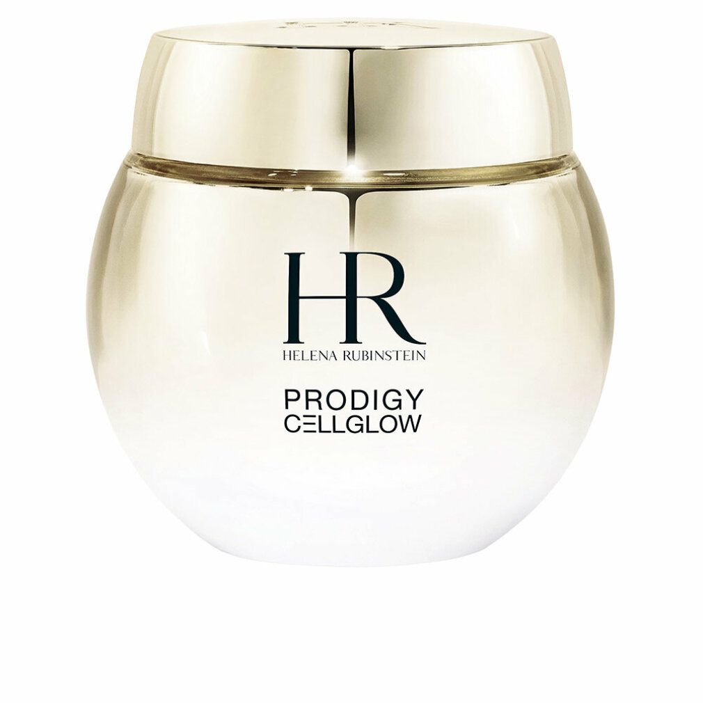 Cremebehälter mit goldfarbenem Deckel und Schriftzug. Aufschrift: HR, PRODIGY CELLGLOW. Marke: Helena Rubinstein.