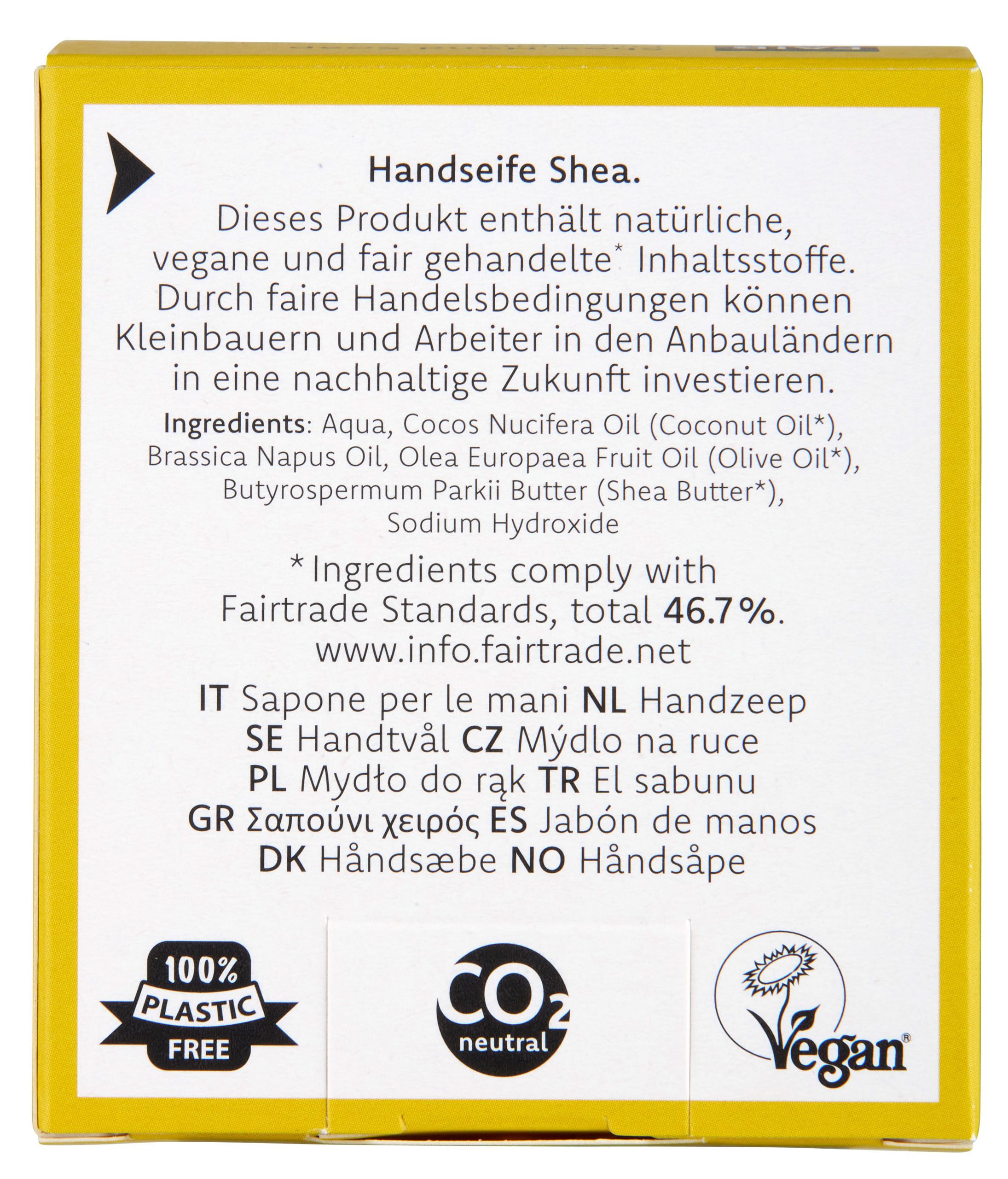 Rückseite der Handseifenverpackung. Text mit Inhaltsstoffen, Fairtrade-Informationen und Vegan-Siegel.