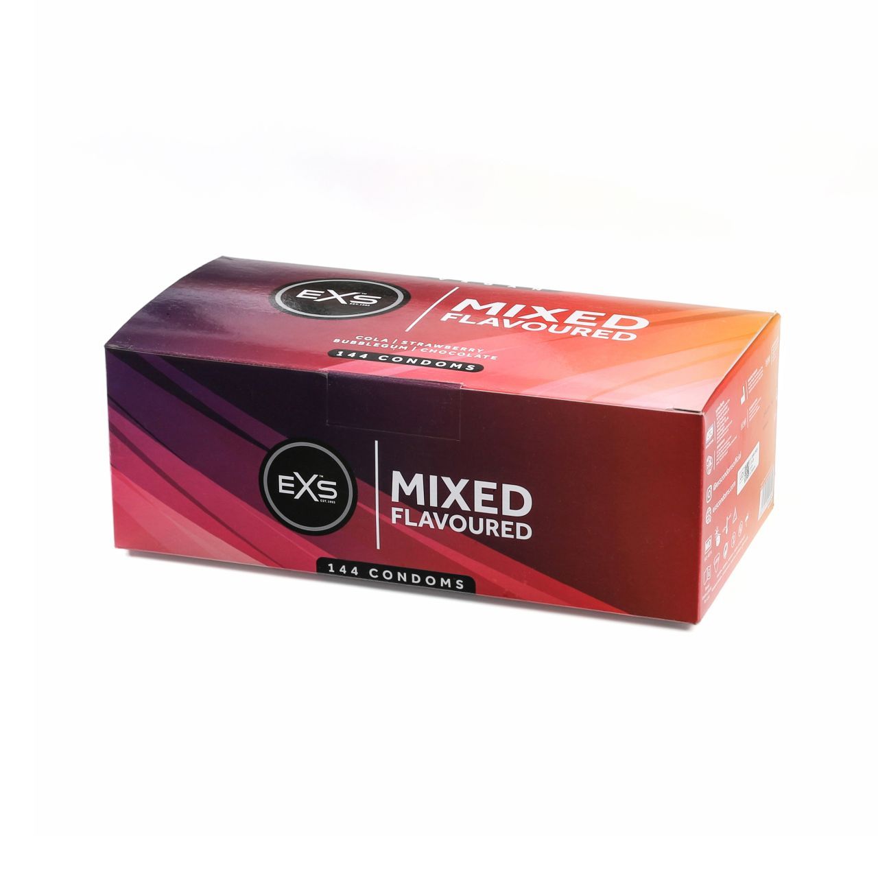 EXS Mixed Flavoured Kondom-Packung mit 144 Stück. Bunte Verpackung mit Farbverlauf.