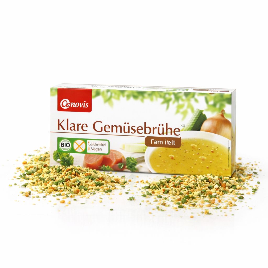 Cenovis Klare Gemüsebrühe Packung umgeben von Granulat.