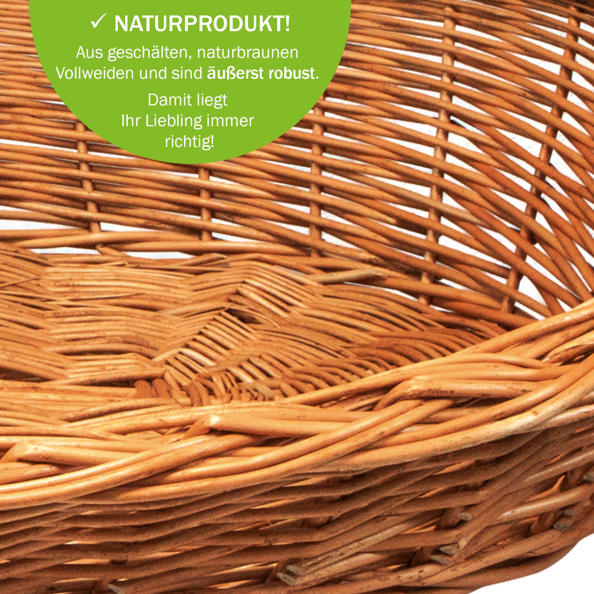 Nahaufnahme eines braunen Weidenkorbs. Grüner Text: Naturprodukt! Aus naturbraunen Vollweiden.