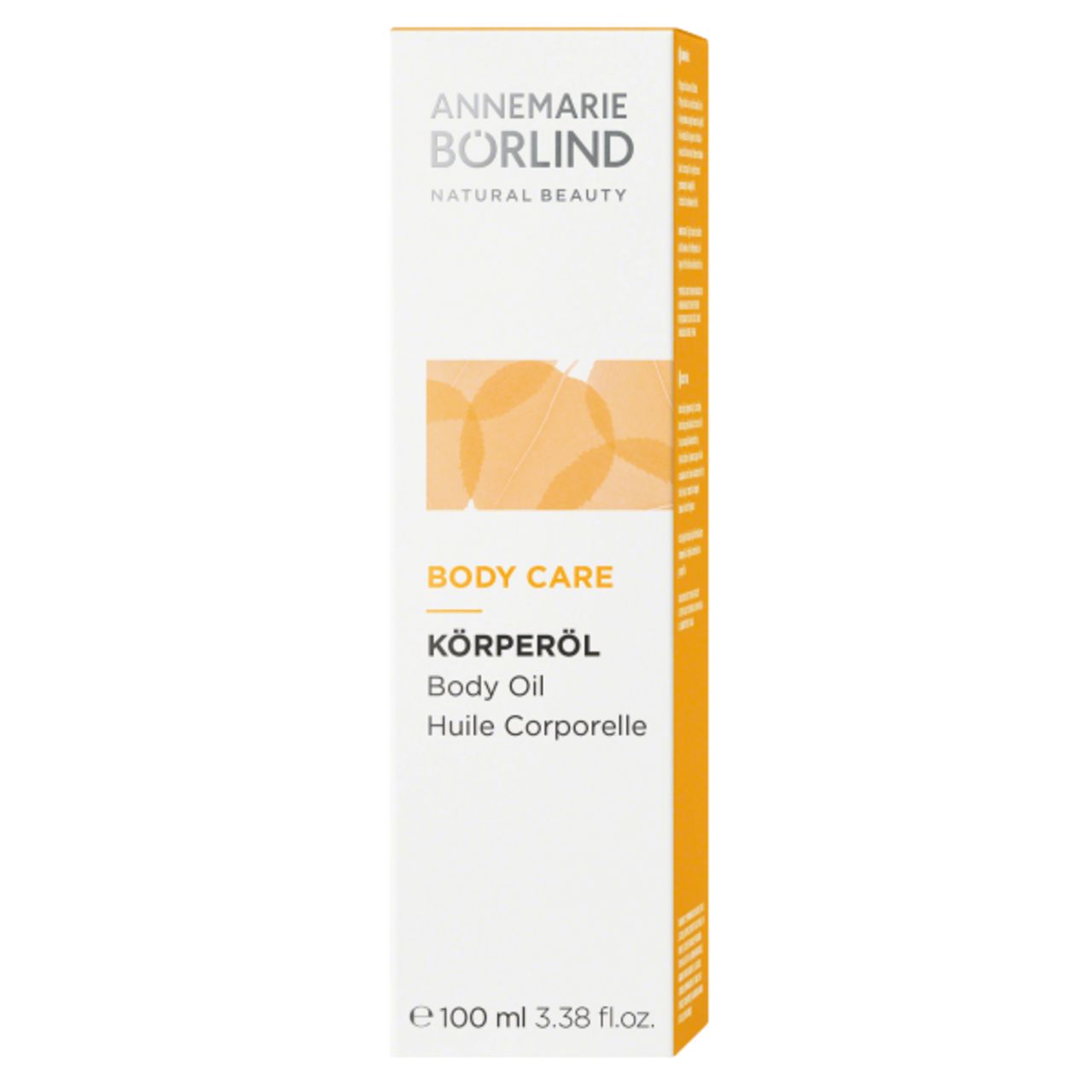 Hohe, rechteckige Verpackung. Aufschrift: ANNEMARIE BÖRLIND, BODY CARE, KÖRPERÖL. Gelbes Design. 100 ml.