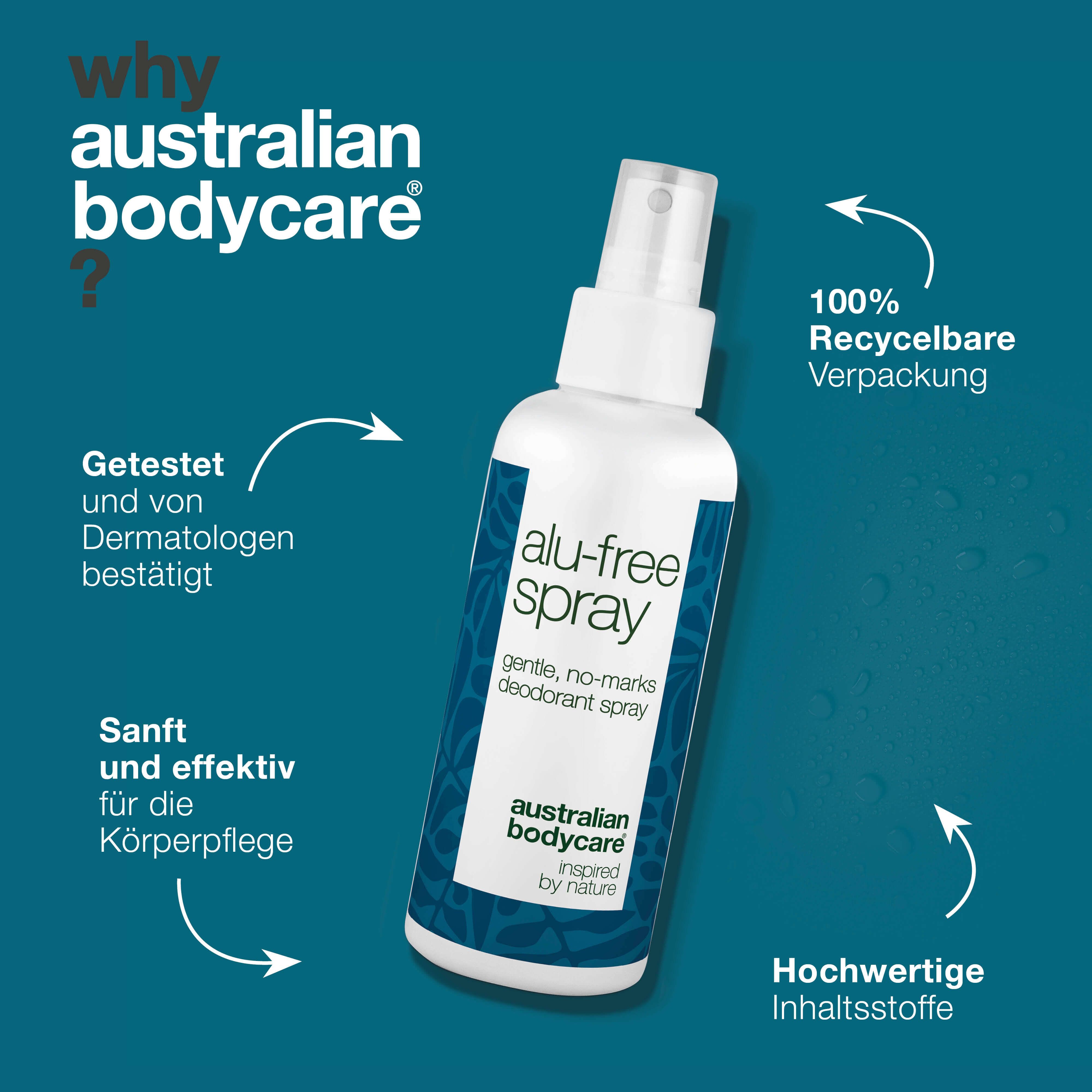 Deospray mit Text: alu-free spray, gentle, no-marks deodorant spray. Text: Australian Bodycare. Text: Why Australian Bodycare?