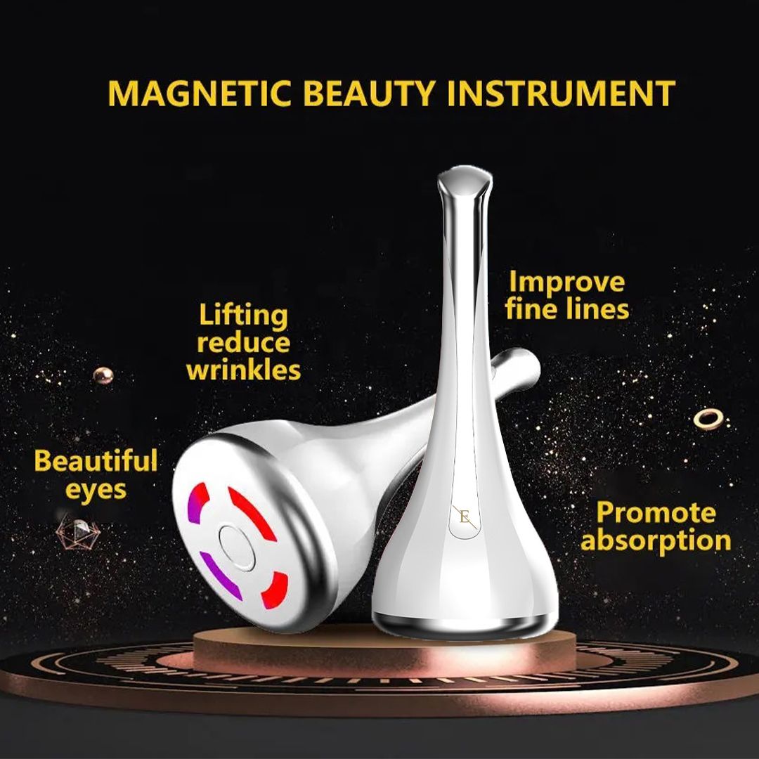 Zwei silberfarbene, tropfenförmige Geräte. Text: Magnetic Beauty Instrument. Vorteile aufgelistet.