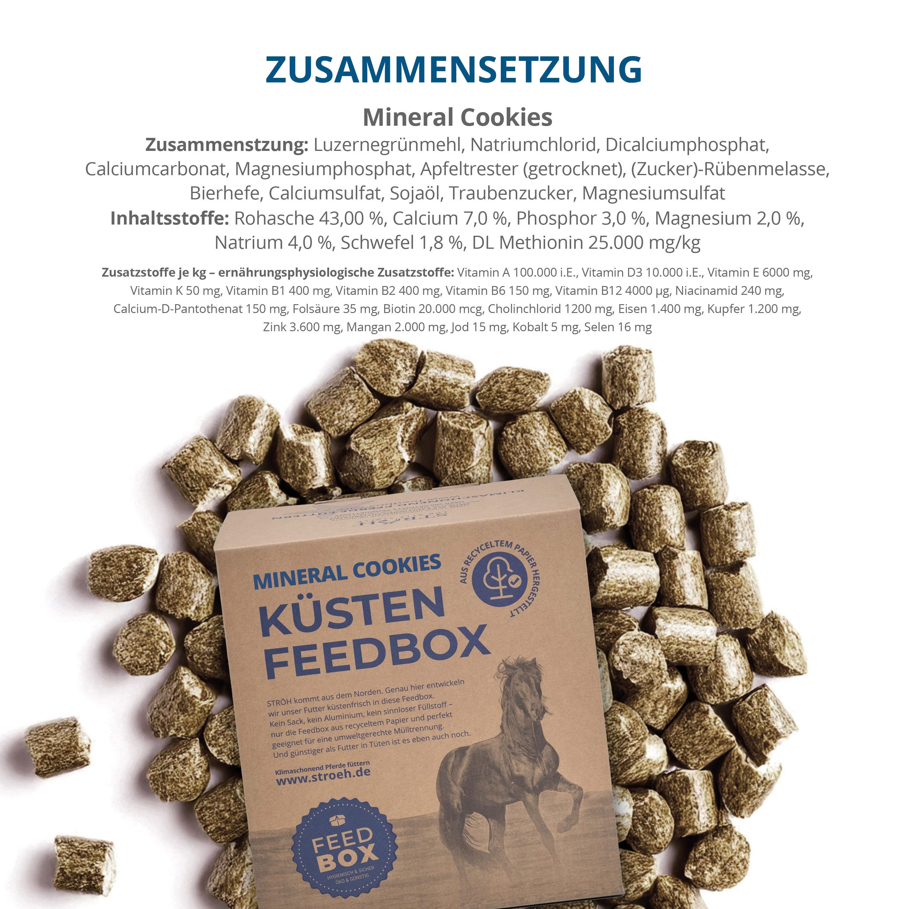 Mineral Cookies Feedbox. Braune Box mit Produktinformationen und Inhaltsstoffen. Viele grüne Pellets liegen um die Box herum.