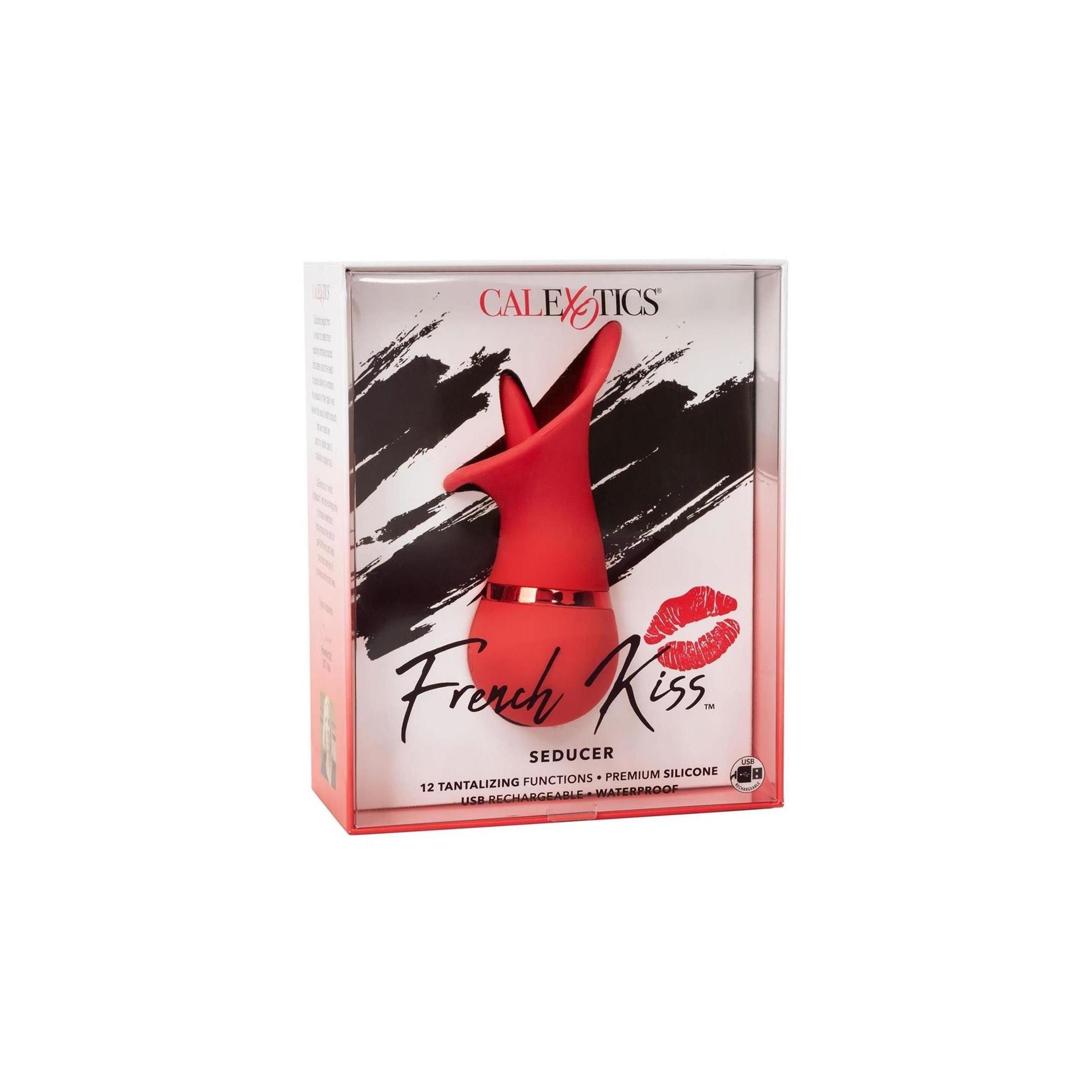 Roter Seducer in Verpackung. Marke CalExotics. Mit Lippen-Grafik und Produktnamen. 12 Funktionen, Premium-Silikon, USB-aufladbar, wasserdicht.