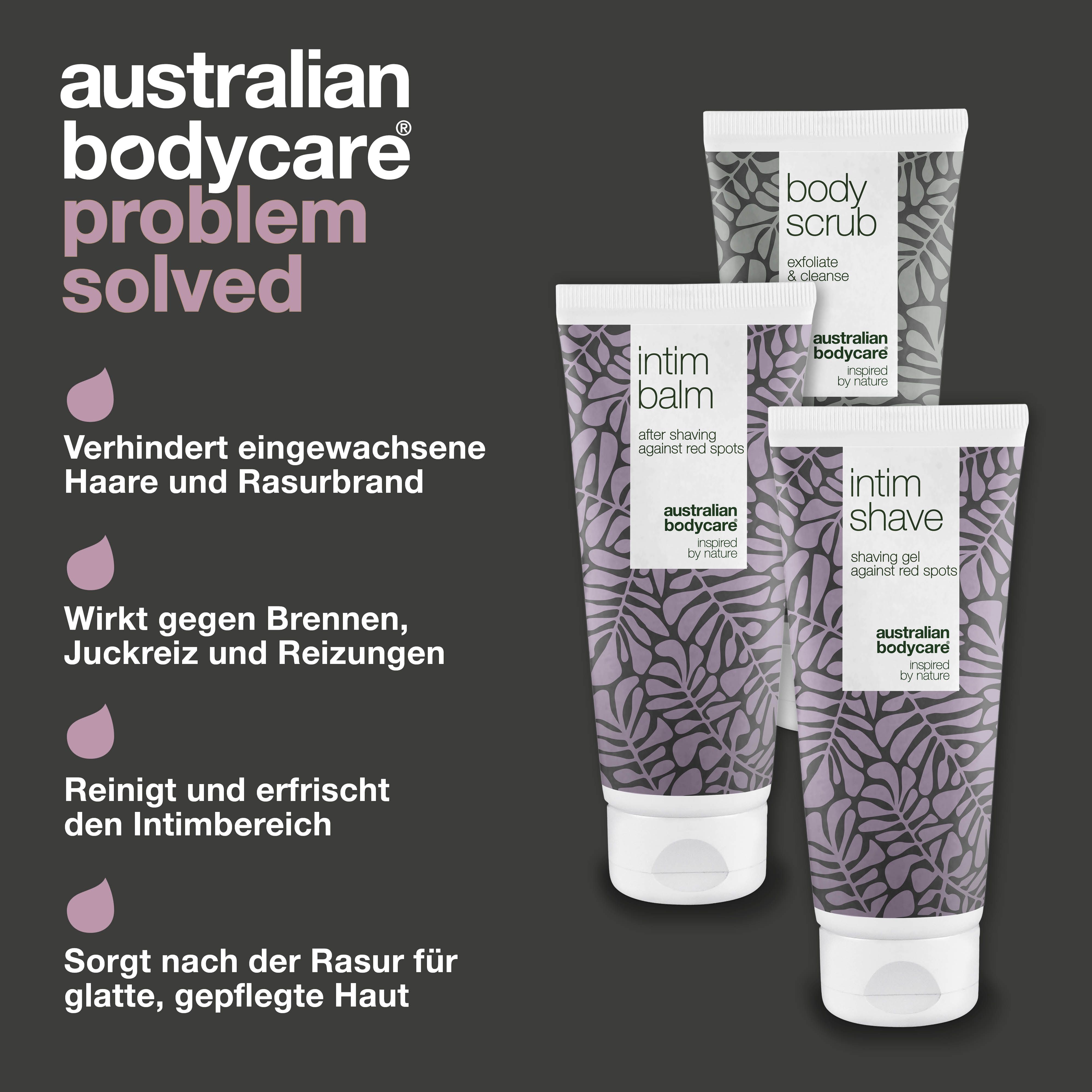 Produkte Intimrasur. Text: Verhindert eingewachsene Haare und Rasurbrand. Wirkt gegen Brennen, Juckreiz und Reizungen. Reinigt und erfrischt.