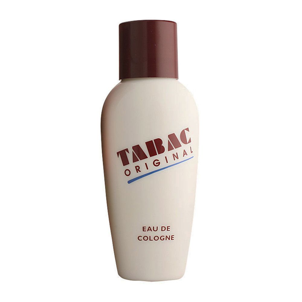 Weiße Flasche mit braunem Deckel. Aufschrift "TABAC ORIGINAL Eau de Cologne".