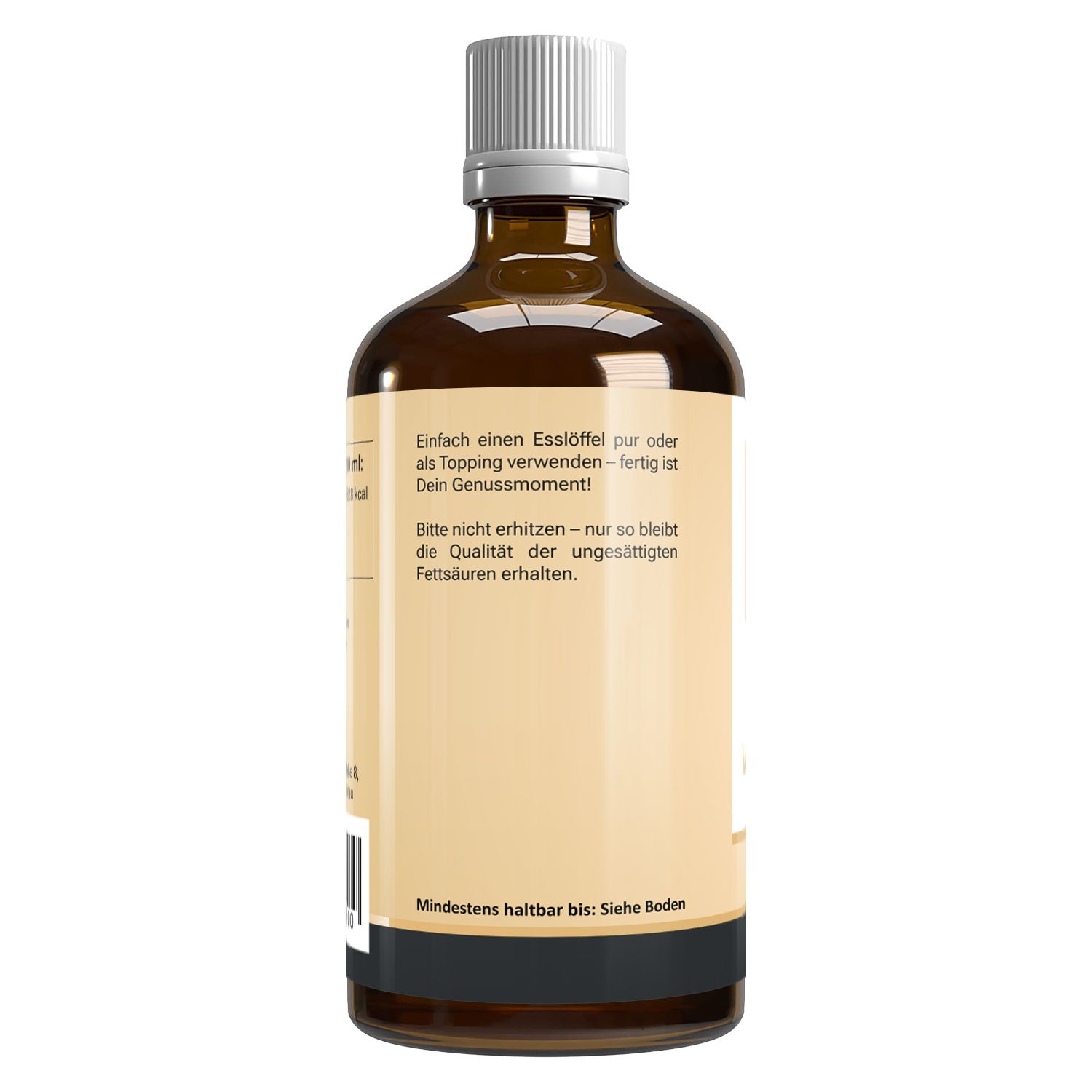 Rückseite einer braunen Glasflasche mit weißem Deckel und Etikett. Text: "Mindestens haltbar bis: Siehe Boden".