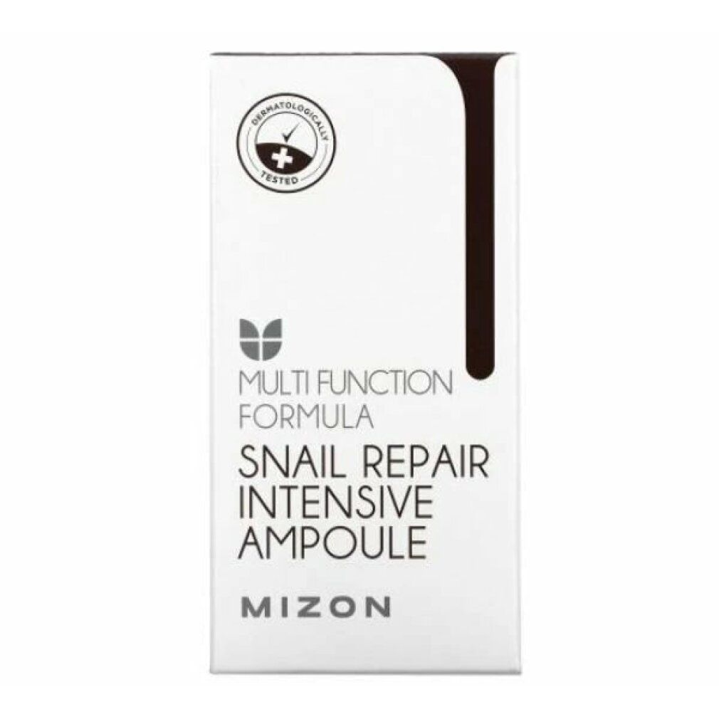 Weiße Verpackung mit Aufschrift: Snail Repair Intensive Ampoule. Marke: MIZON. Dermatologisch getestet.